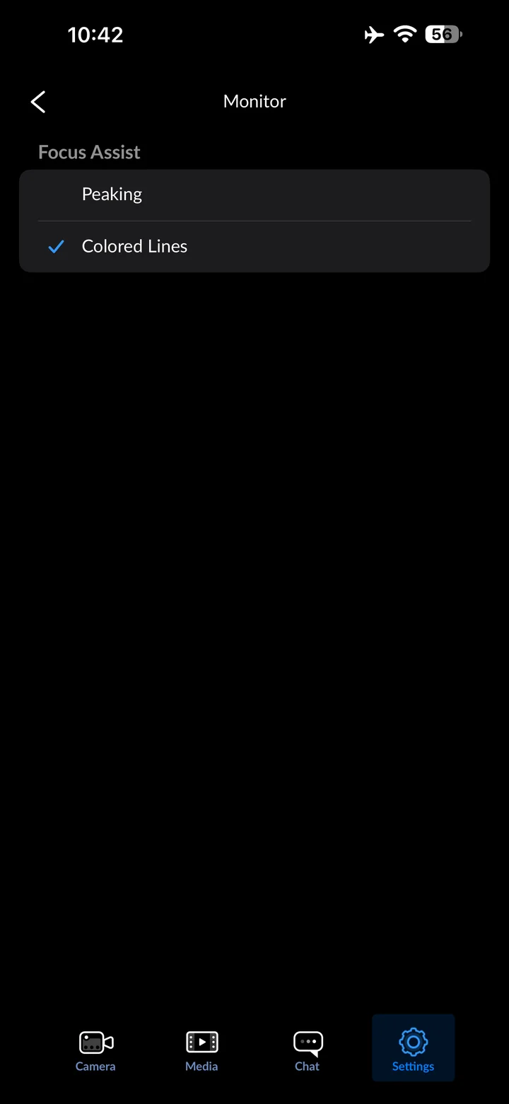 Blackmagic Camera: Set Focus Assist to Colored Lines