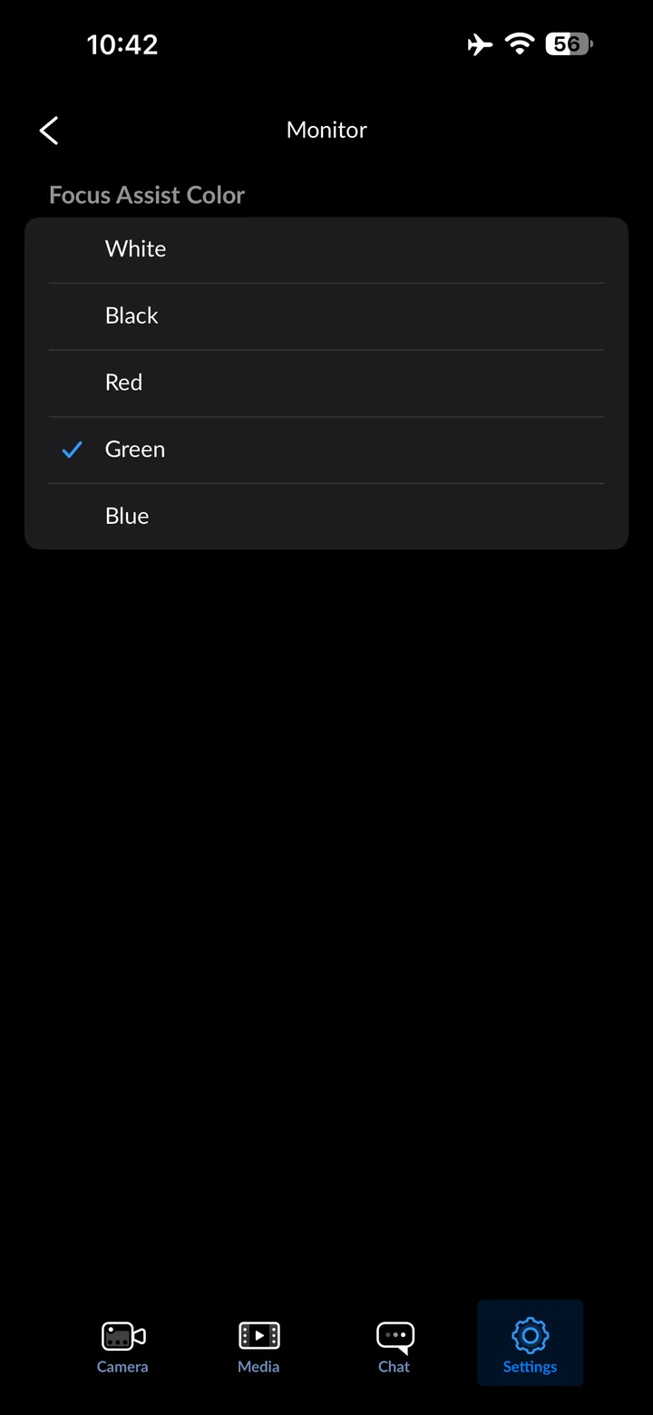 Blackmagic Camera: Set Focus Assist Color to Green