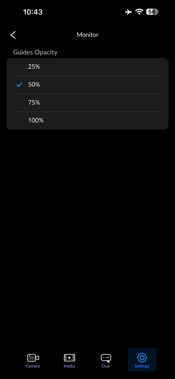 Blackmagic Camera: Set Guides Opacity to 50%