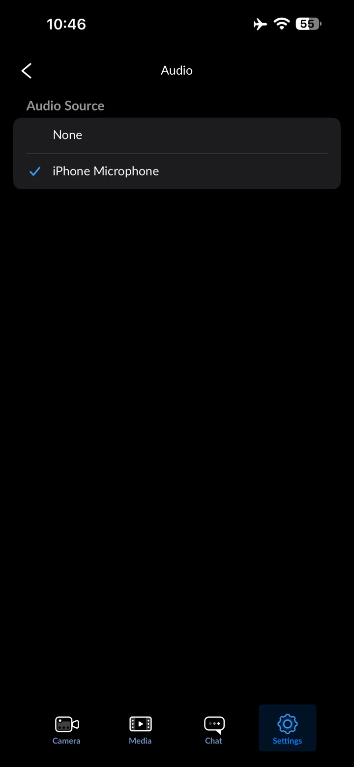 Blackmagic Camera: Set Audio Source to iPhone Microphone