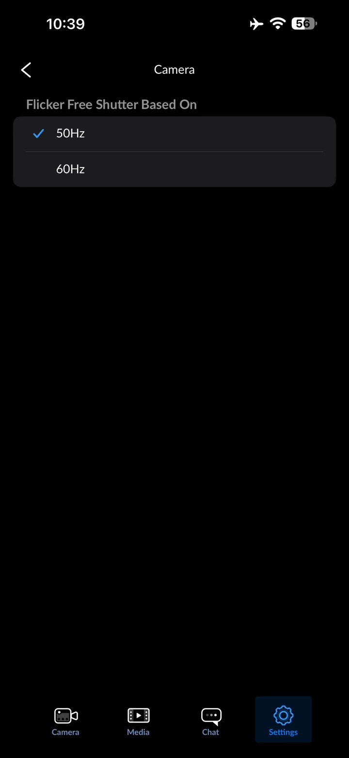 Blackmagic Camera: Set Flicker Free Shutter Based On to 50Hz