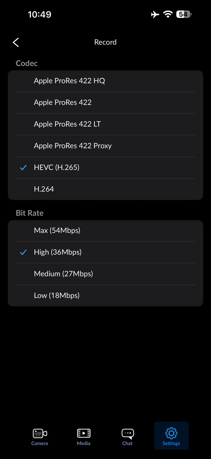 Blackmagic Camera: Set Codec to HEVC (H.265)
