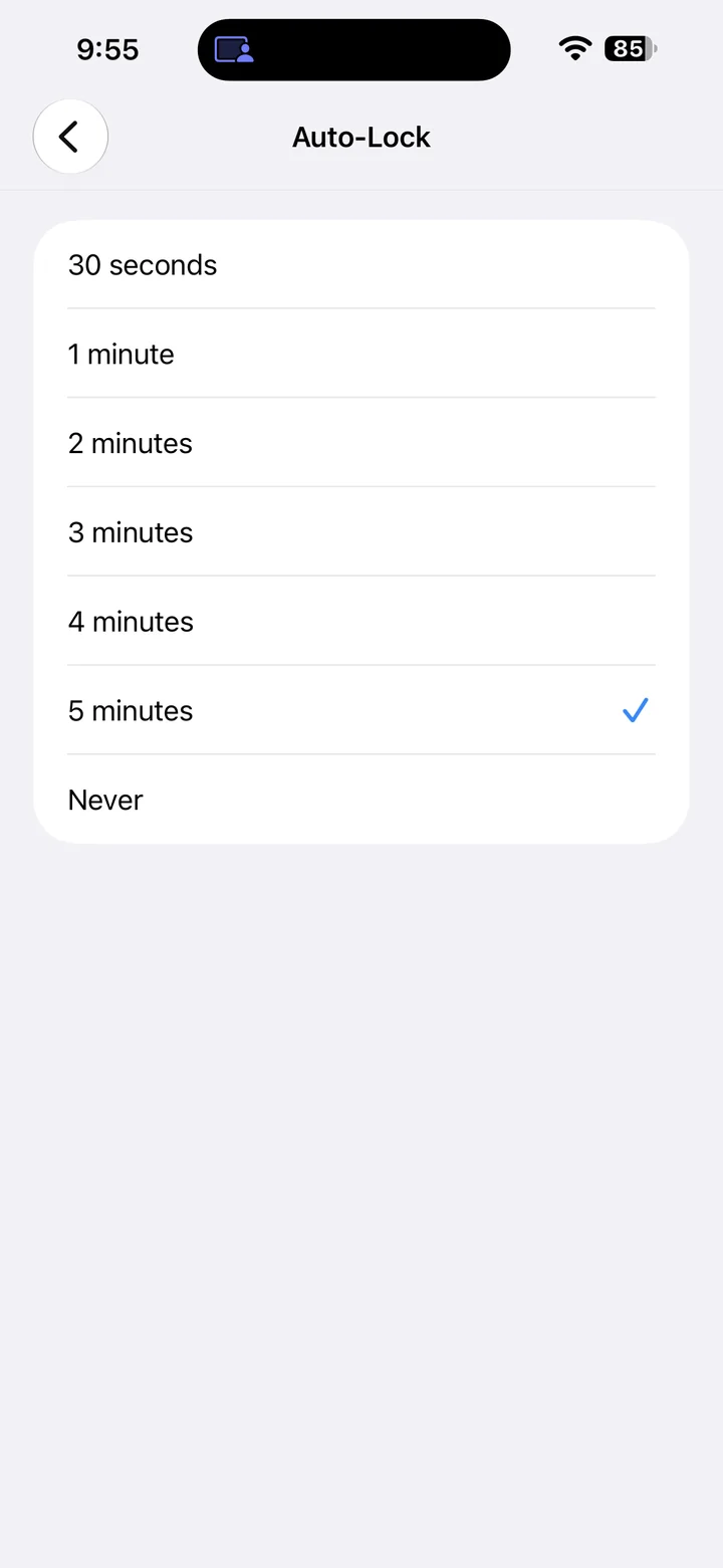 Auto-Lock duration choices with 5 minutes currently selected