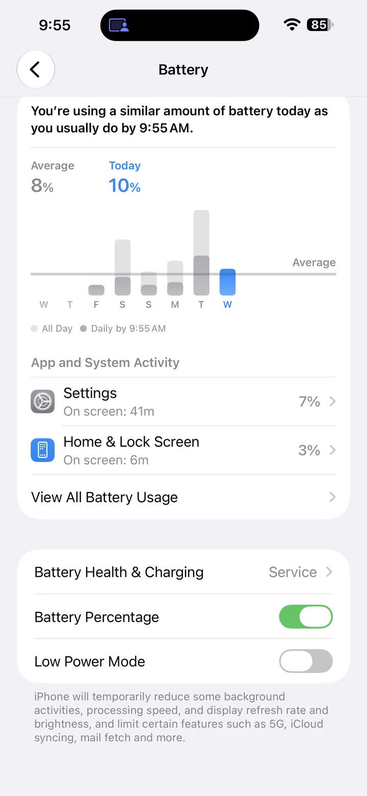 iPhone Battery settings with Low Power Mode off