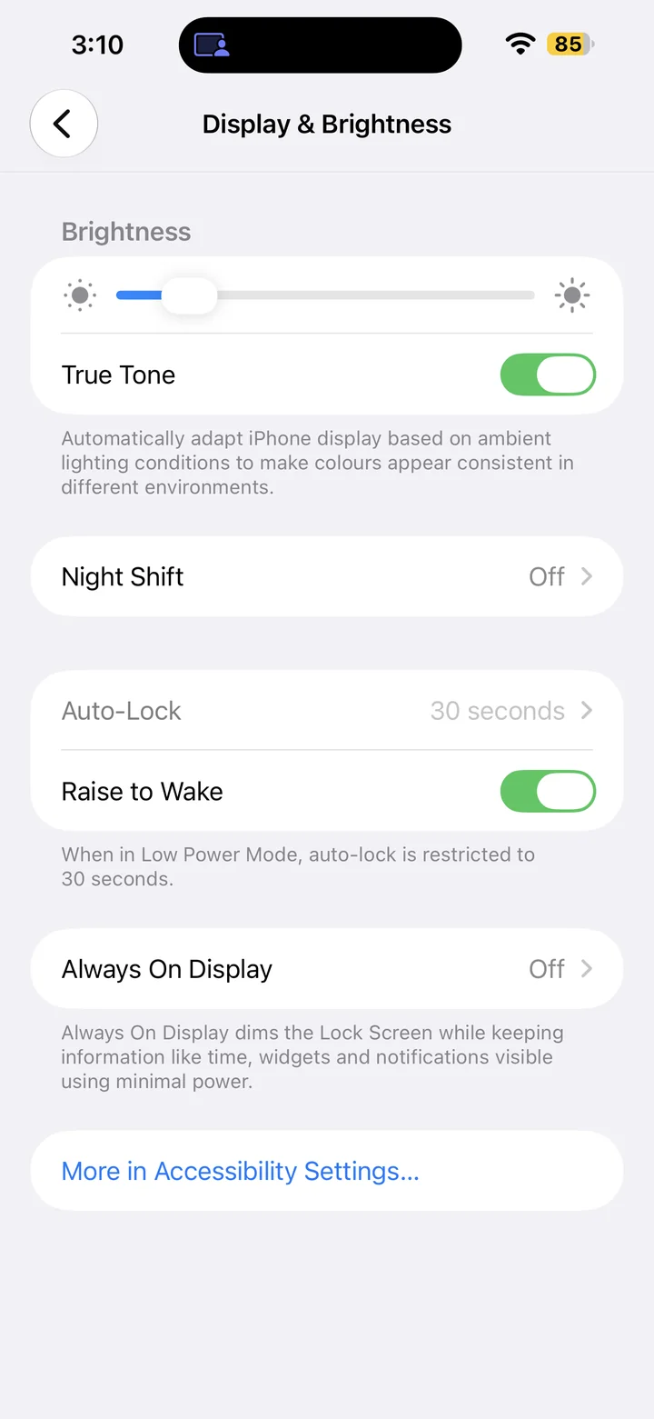 Display & Brightness settings showing Screen brightness