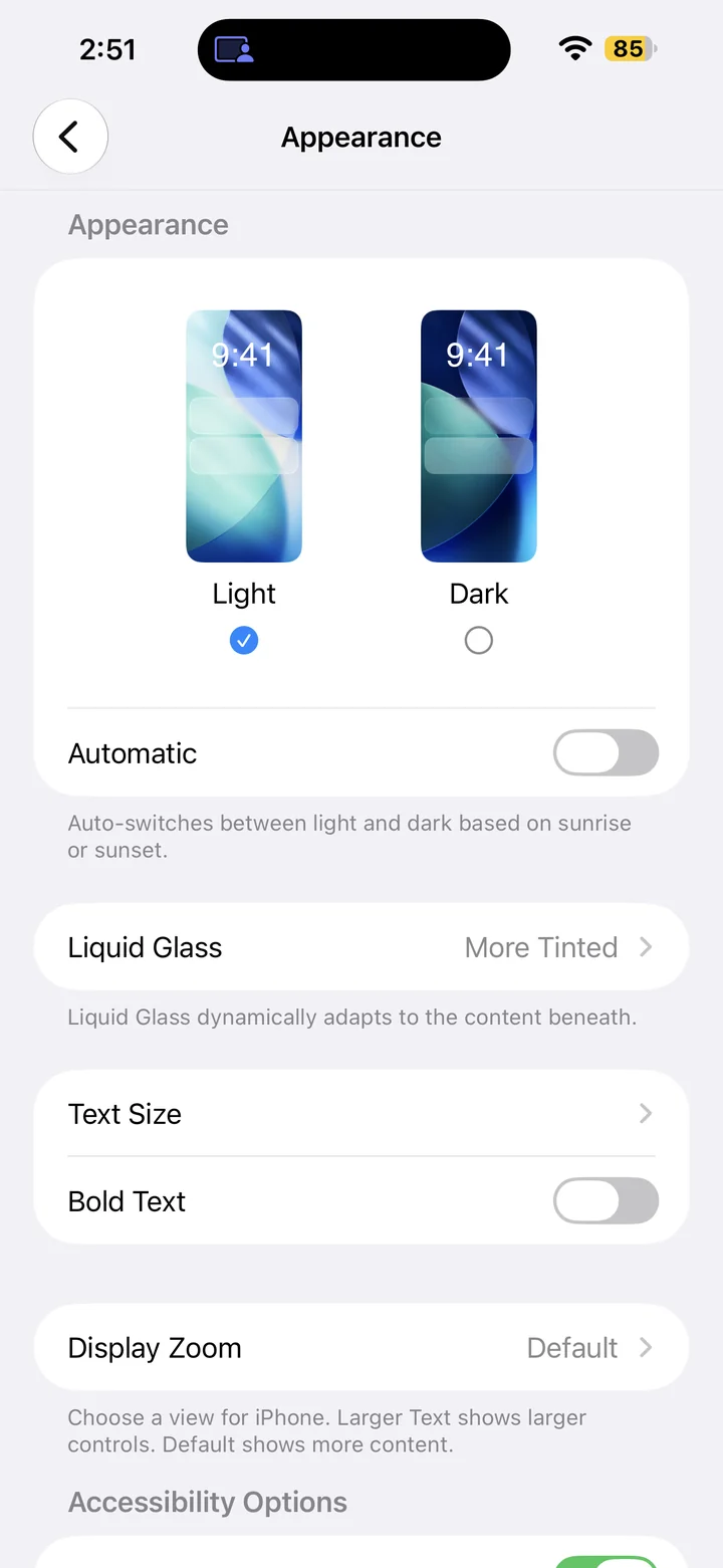 Appearance settings with the Text Size row