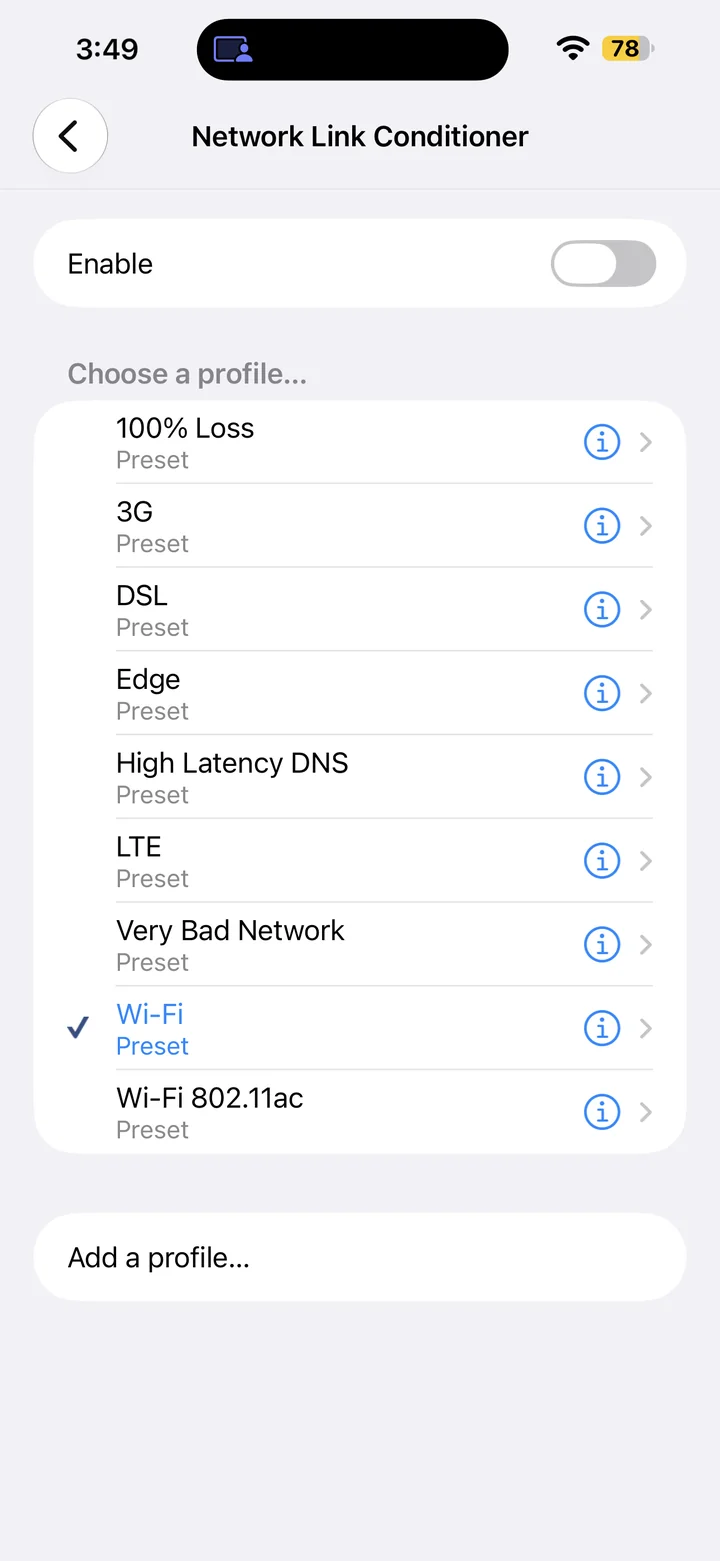 Network Link Conditioner settings showing 3G