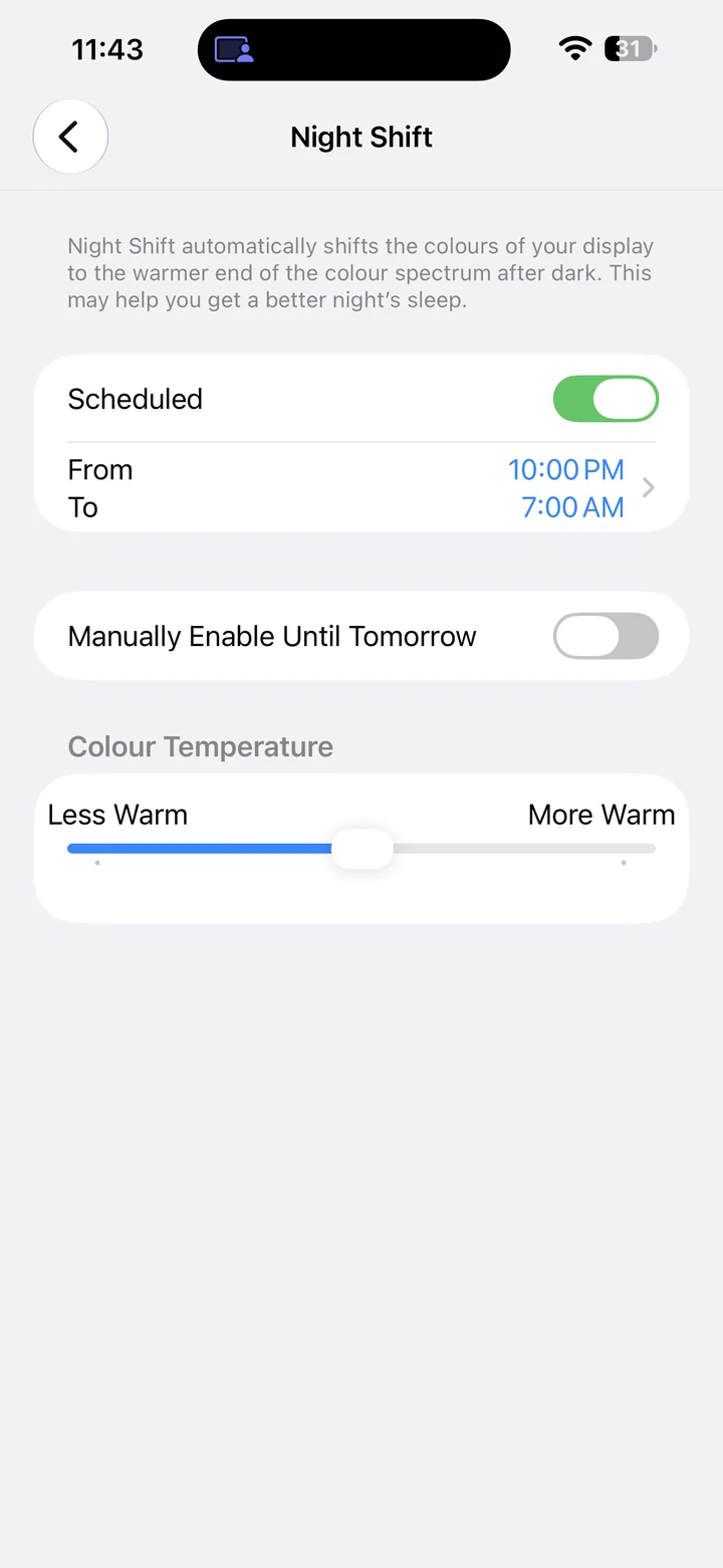 Night Shift settings before the change, with Scheduled on and manual activation off