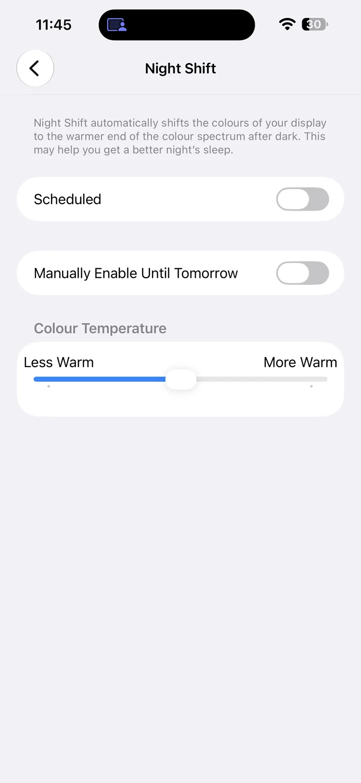 Night Shift settings with both Scheduled and Manually Enable Until Tomorrow off
