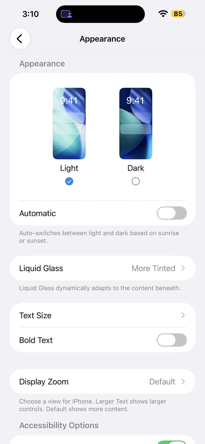 Appearance settings showing Bold Text