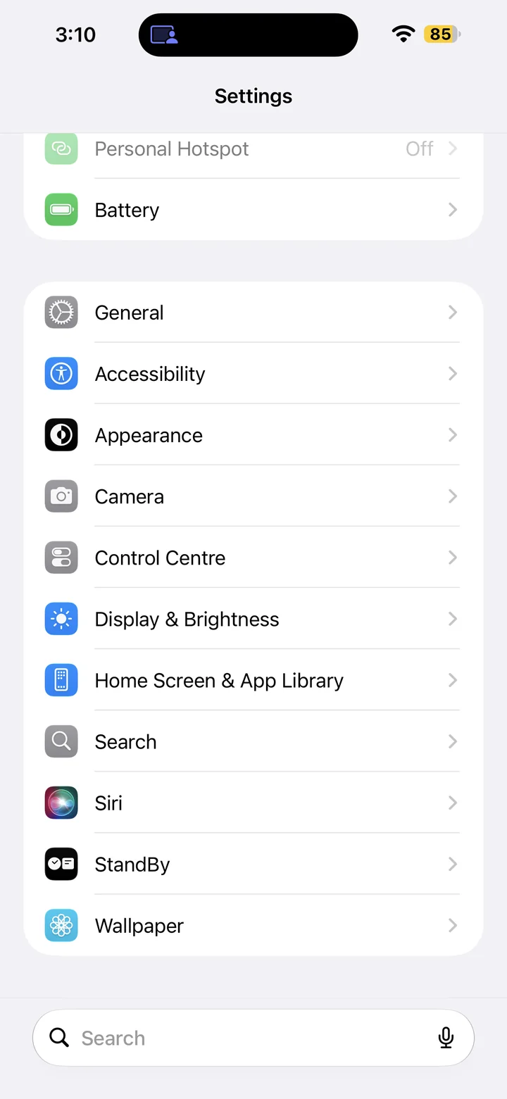Settings showing Appearance