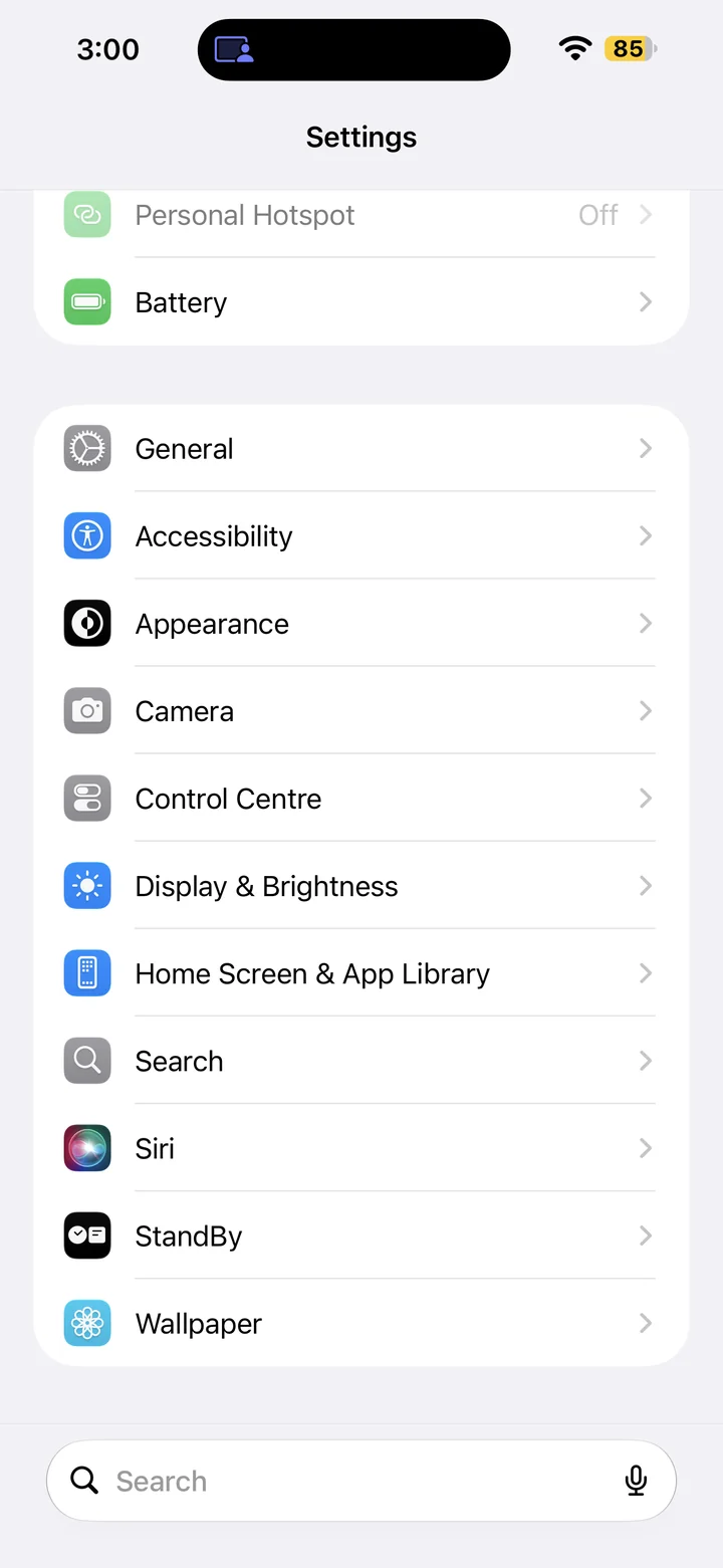 iPhone Settings showing Appearance