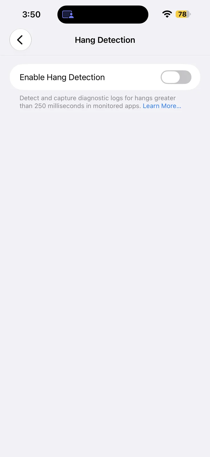 Hang Detection settings showing Enable Hang Detection