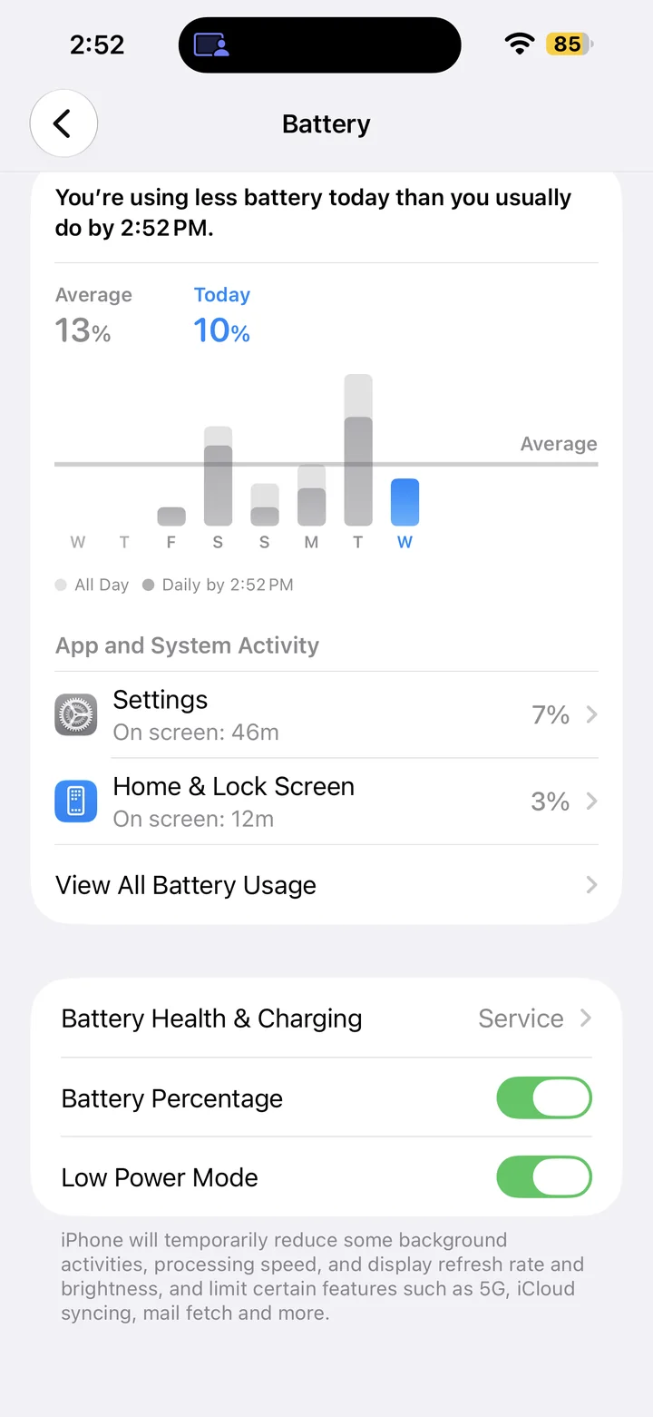 Battery settings with the Low Power Mode switch