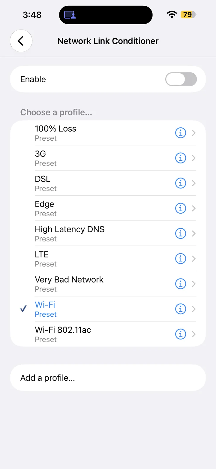 Network Link Conditioner settings showing Enable
