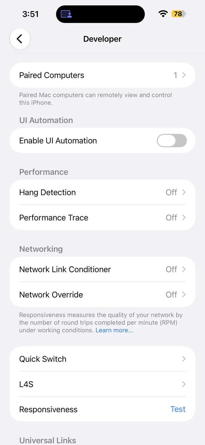 Developer settings showing Performance Trace