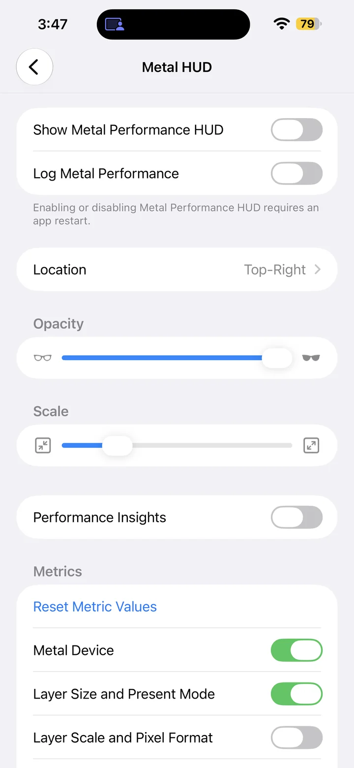 Metal HUD settings showing Log Metal Performance