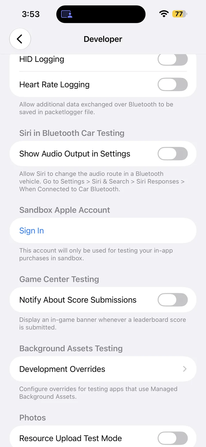 Developer settings showing Sandbox Apple Account Sign In