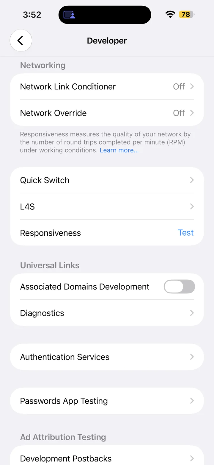 Developer settings showing Diagnostics