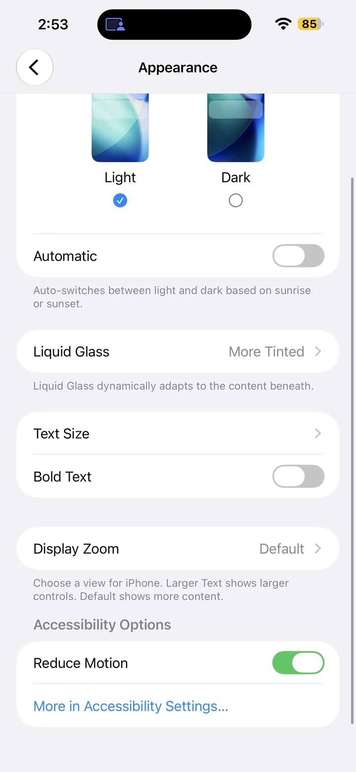 Appearance settings with the Reduce Motion switch