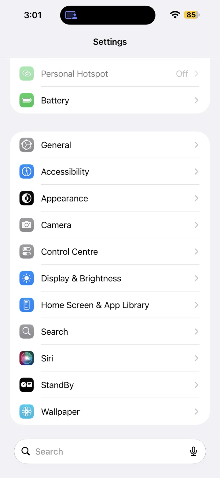 iPhone Settings showing Appearance