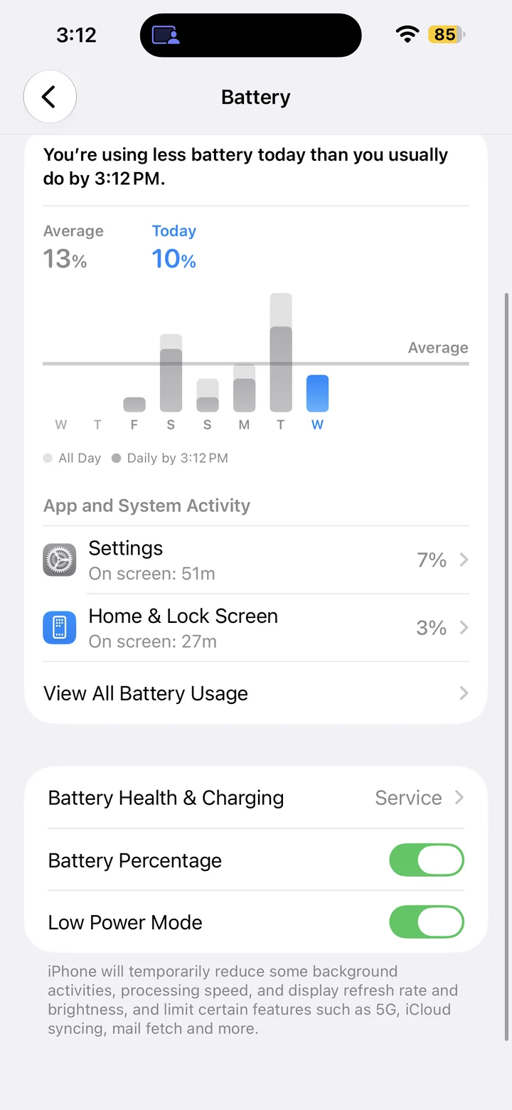 Battery settings showing Battery Percentage