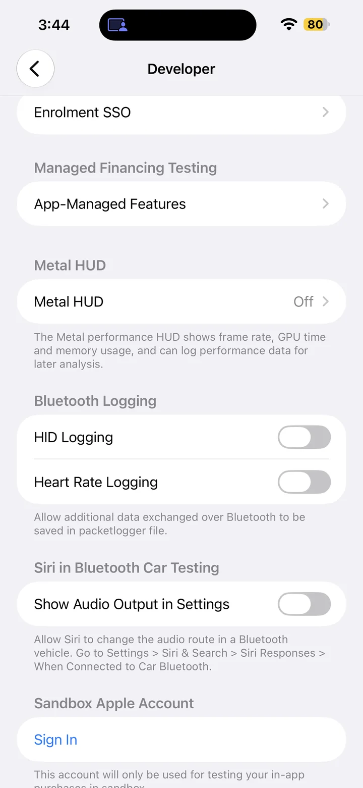 Developer settings showing Metal HUD