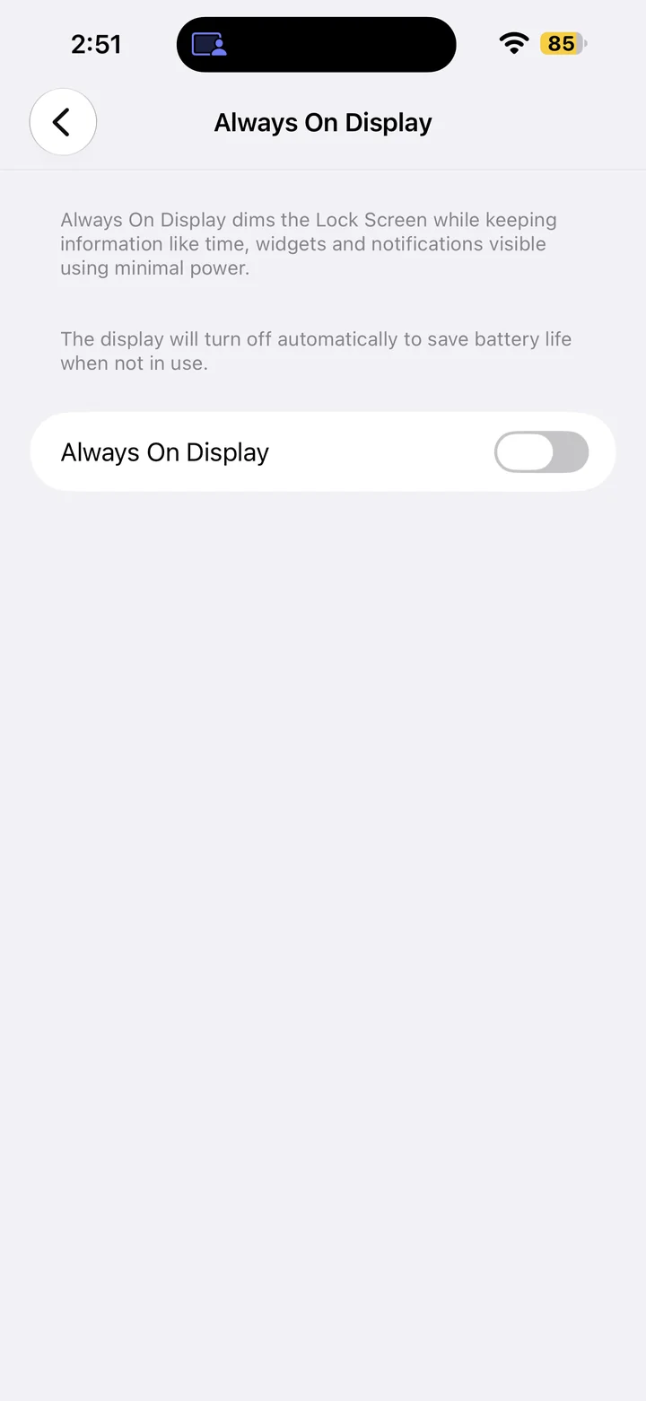 Always On Display settings with the switch