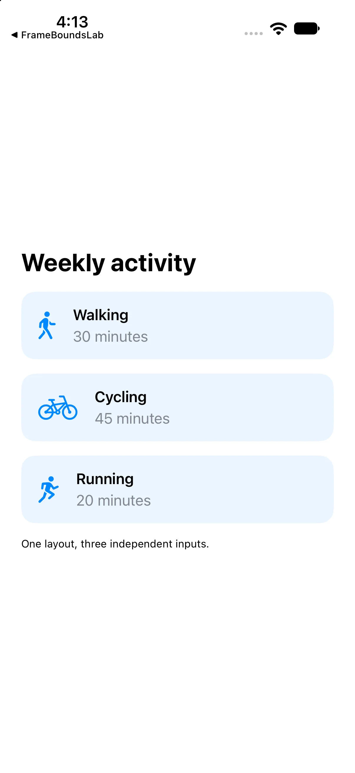 Build a third independent activity row, captured from the corresponding built example