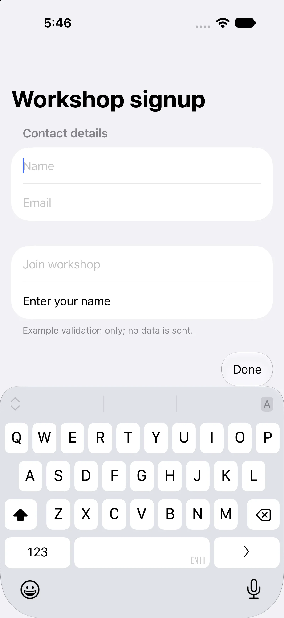 Workshop signup, Name, Email