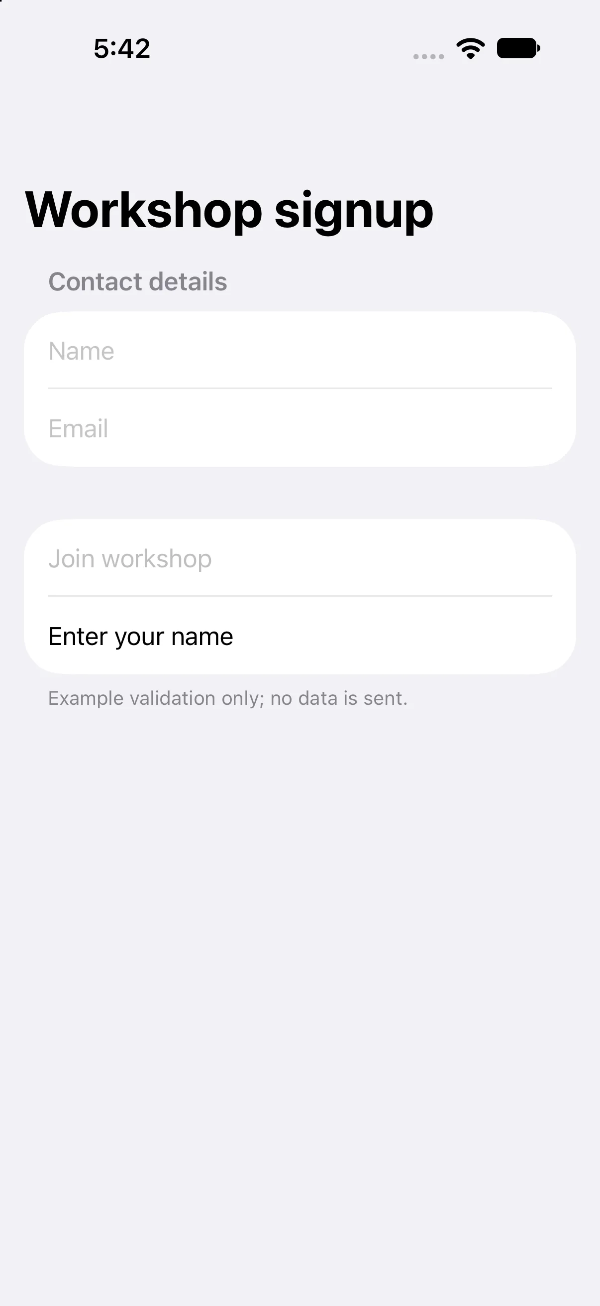 Workshop signup, Name, Email, Enter your name