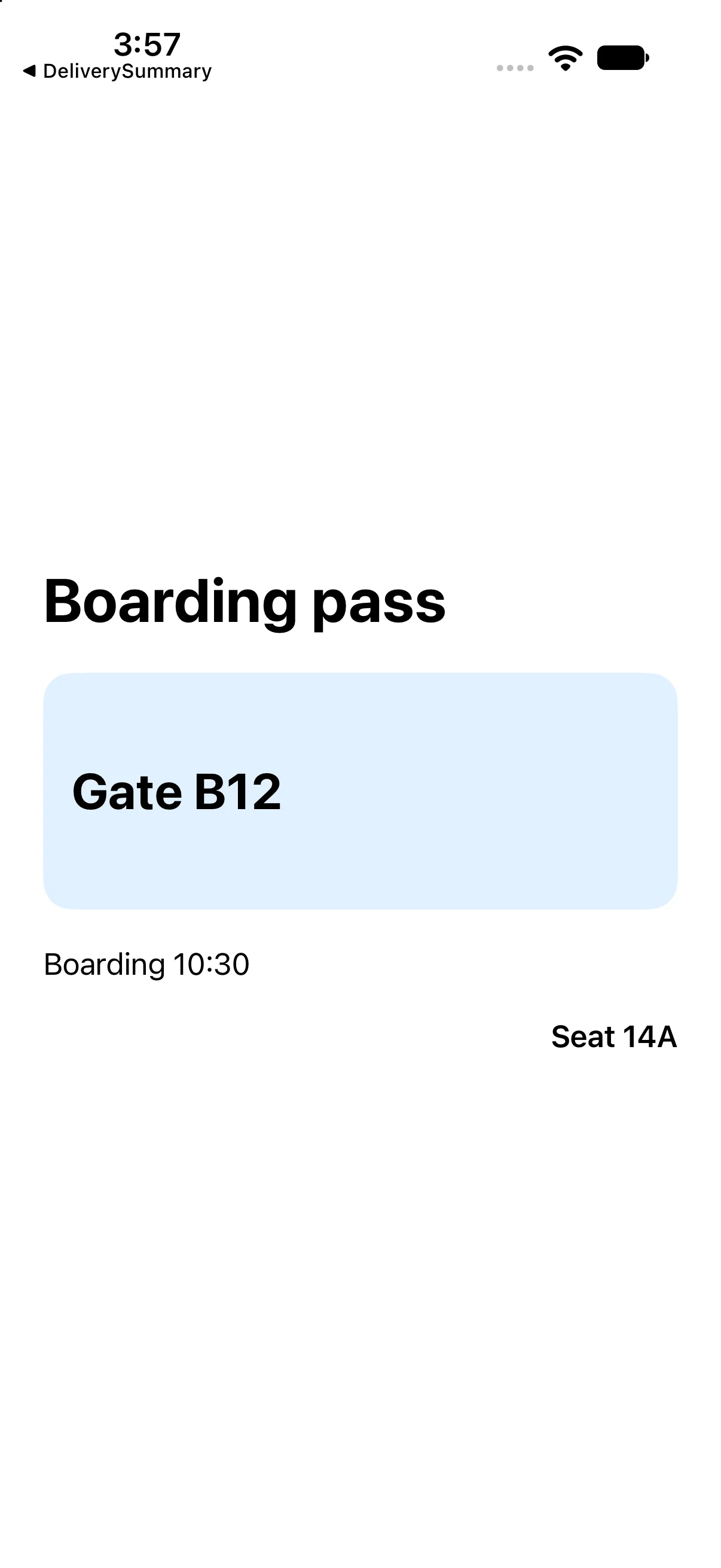 Boarding pass, Gate B12 and Boarding 10:30 align toward the leading edge. Seat 14A sits at the trailing edge beneath the highlighted gate region.