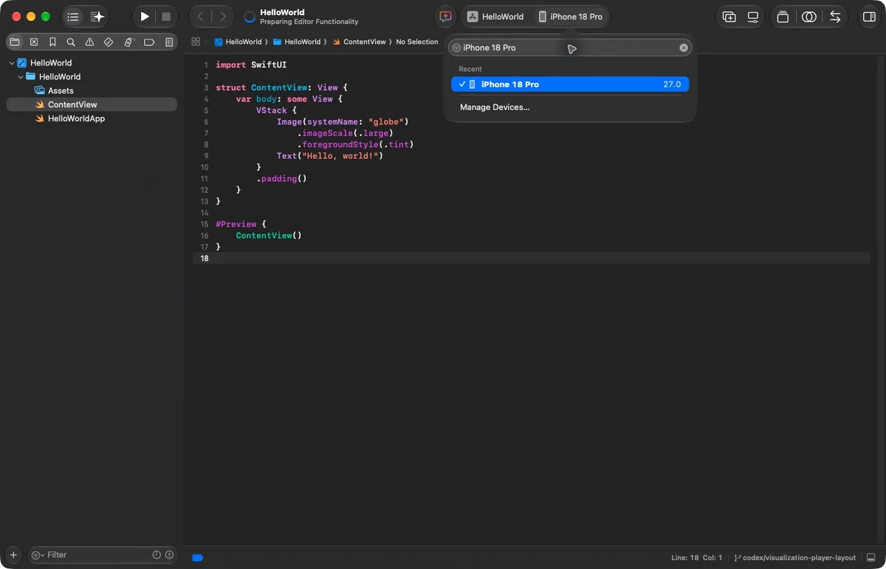 Xcode run-destination selector filtered to iPhone 18 Pro