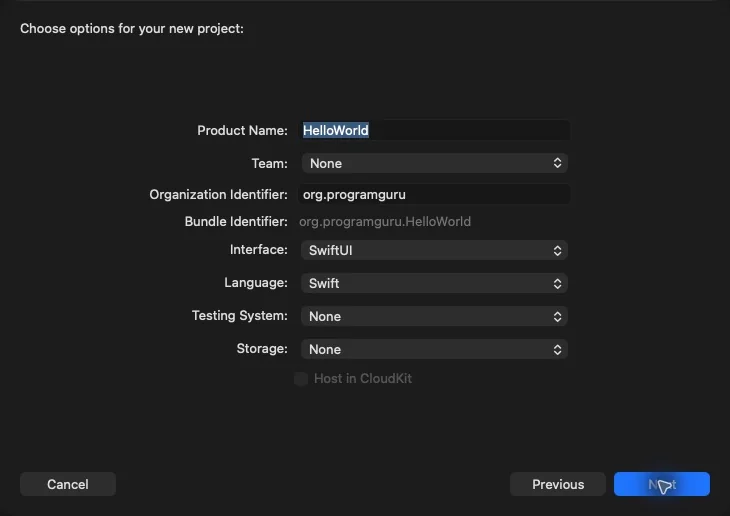 Xcode options with HelloWorld, Team None, SwiftUI and Swift