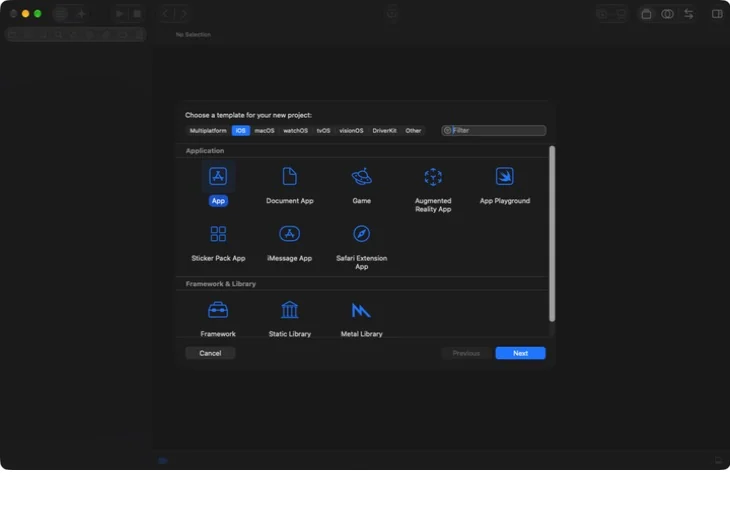 Xcode project assistant with iOS and App selected