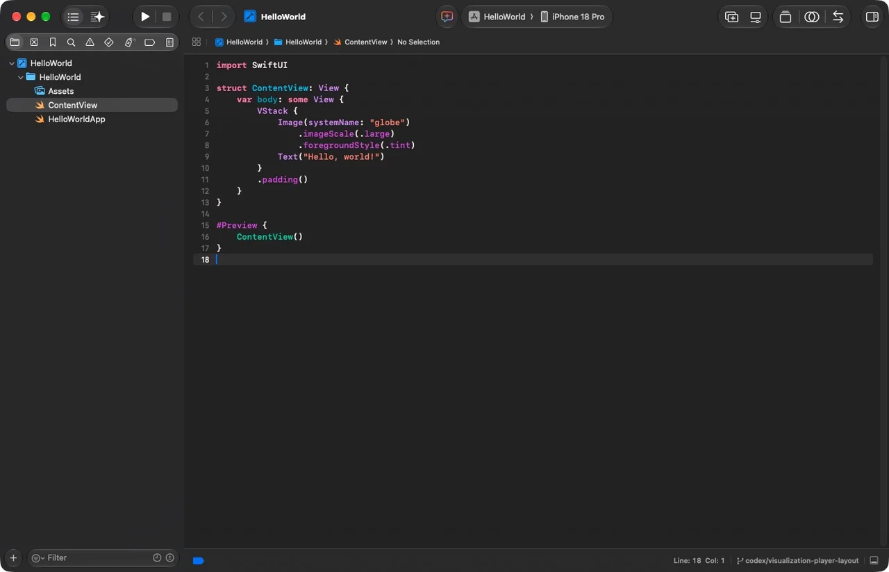 Xcode Project navigator and ContentView Swift source showing Hello world