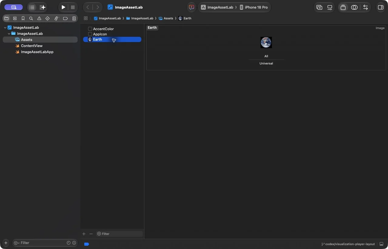 Xcode Assets catalog with Earth selected and earth.jpg in the Universal slot