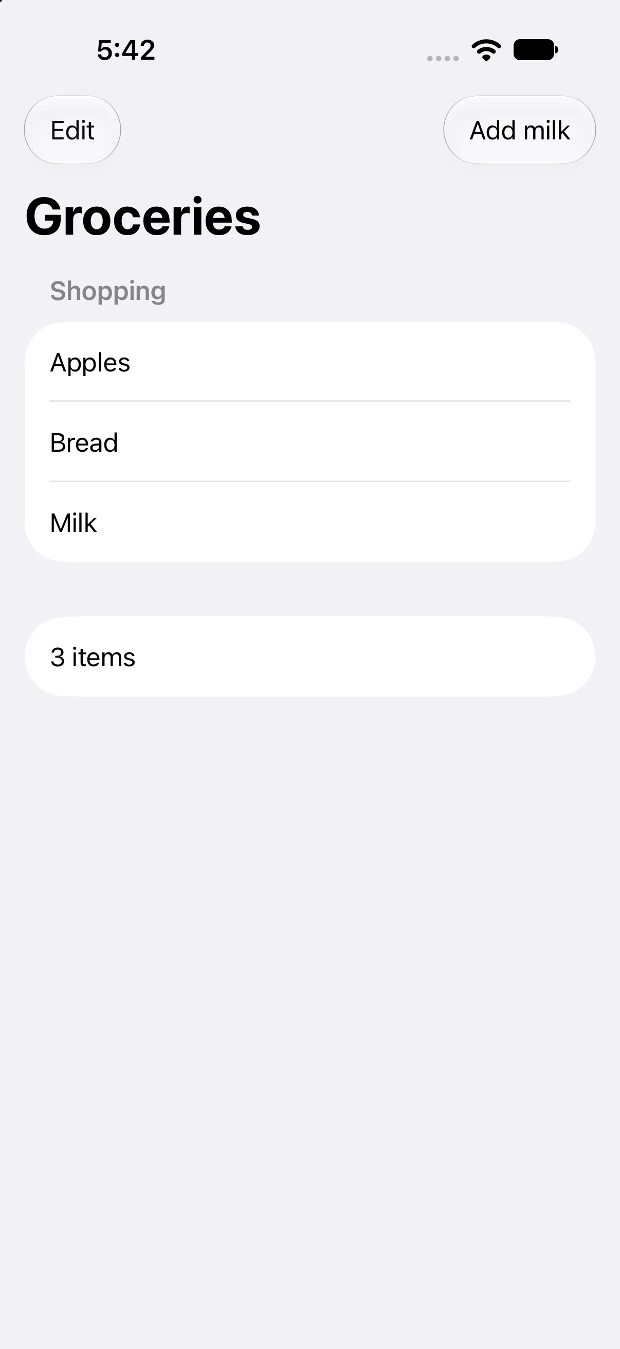 Apples, Bread, Milk, 3 items