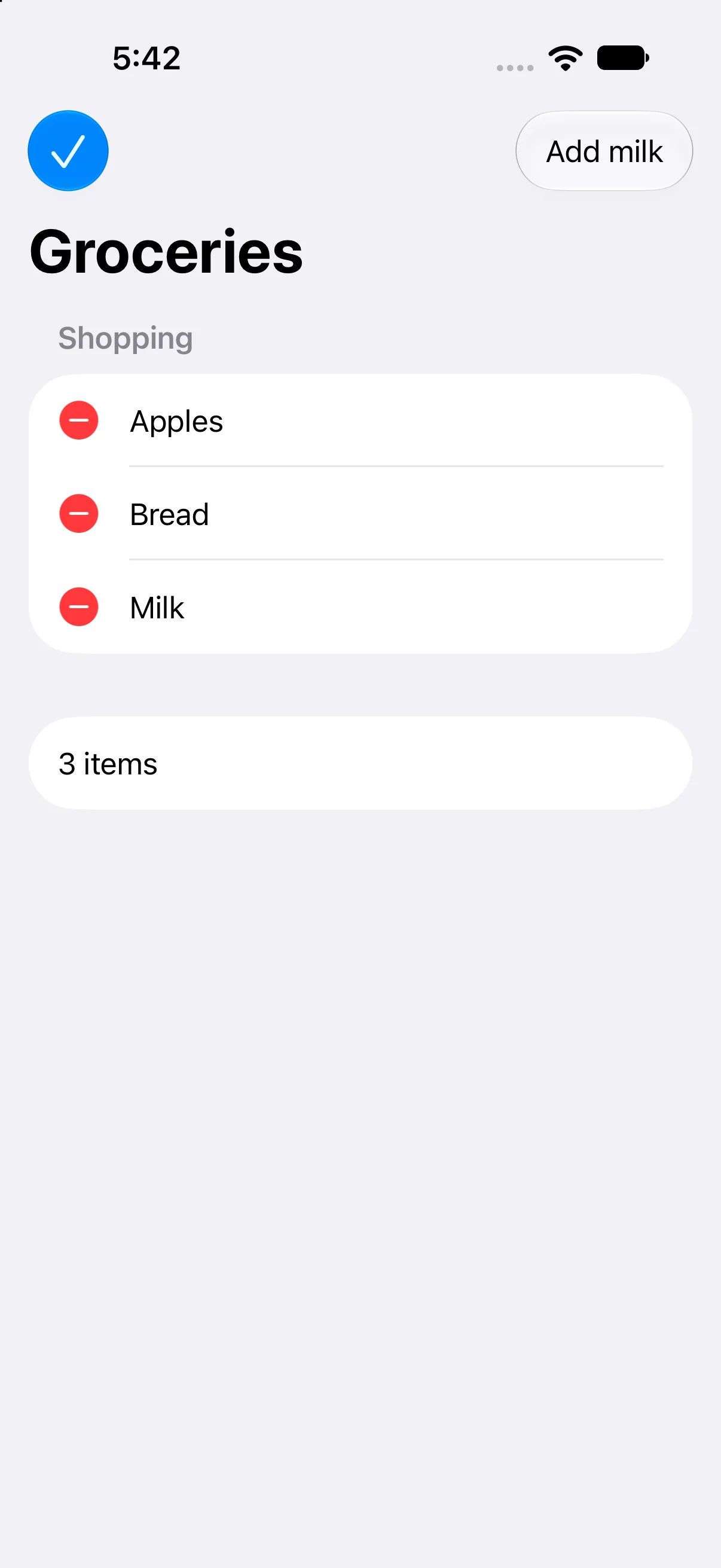 Done, Apples, Bread, Milk