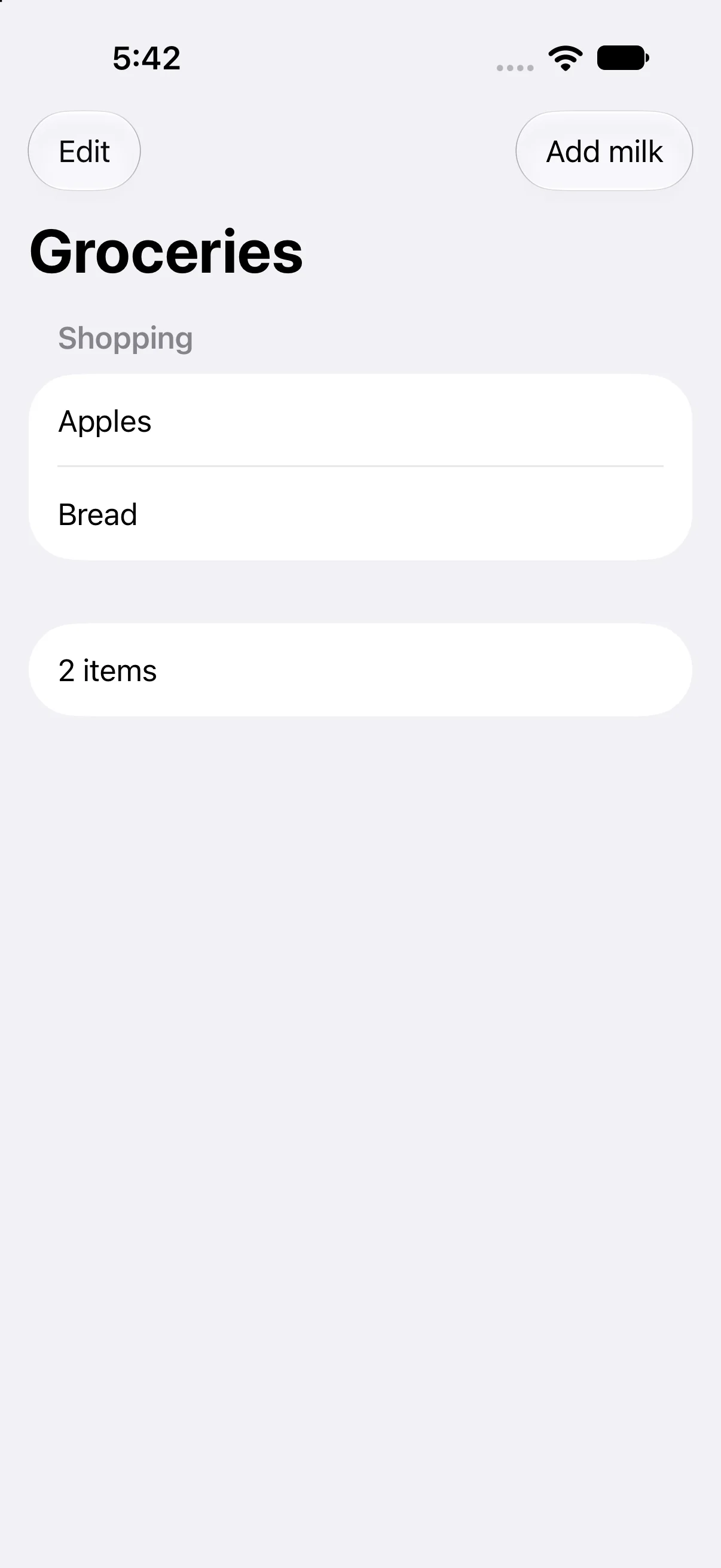 Groceries, Apples, Bread, 2 items