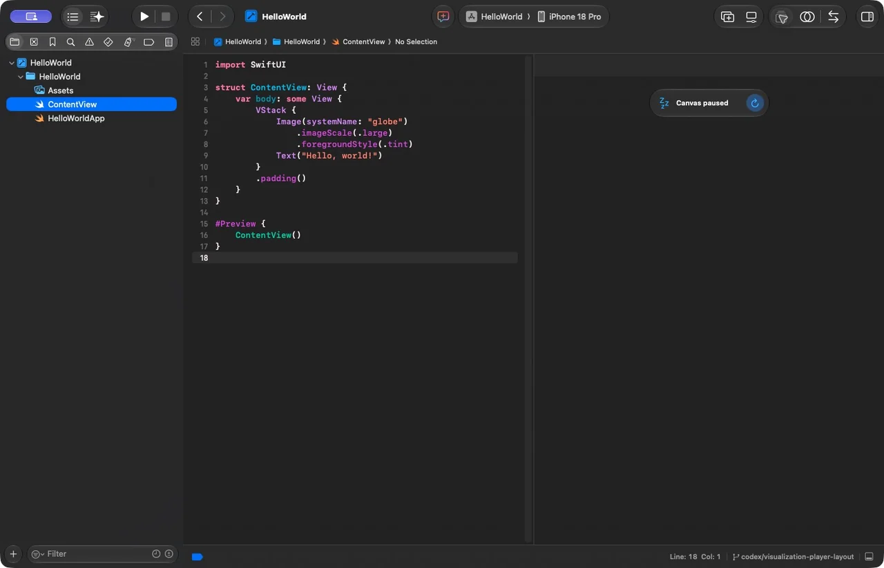 Xcode with the canvas paused