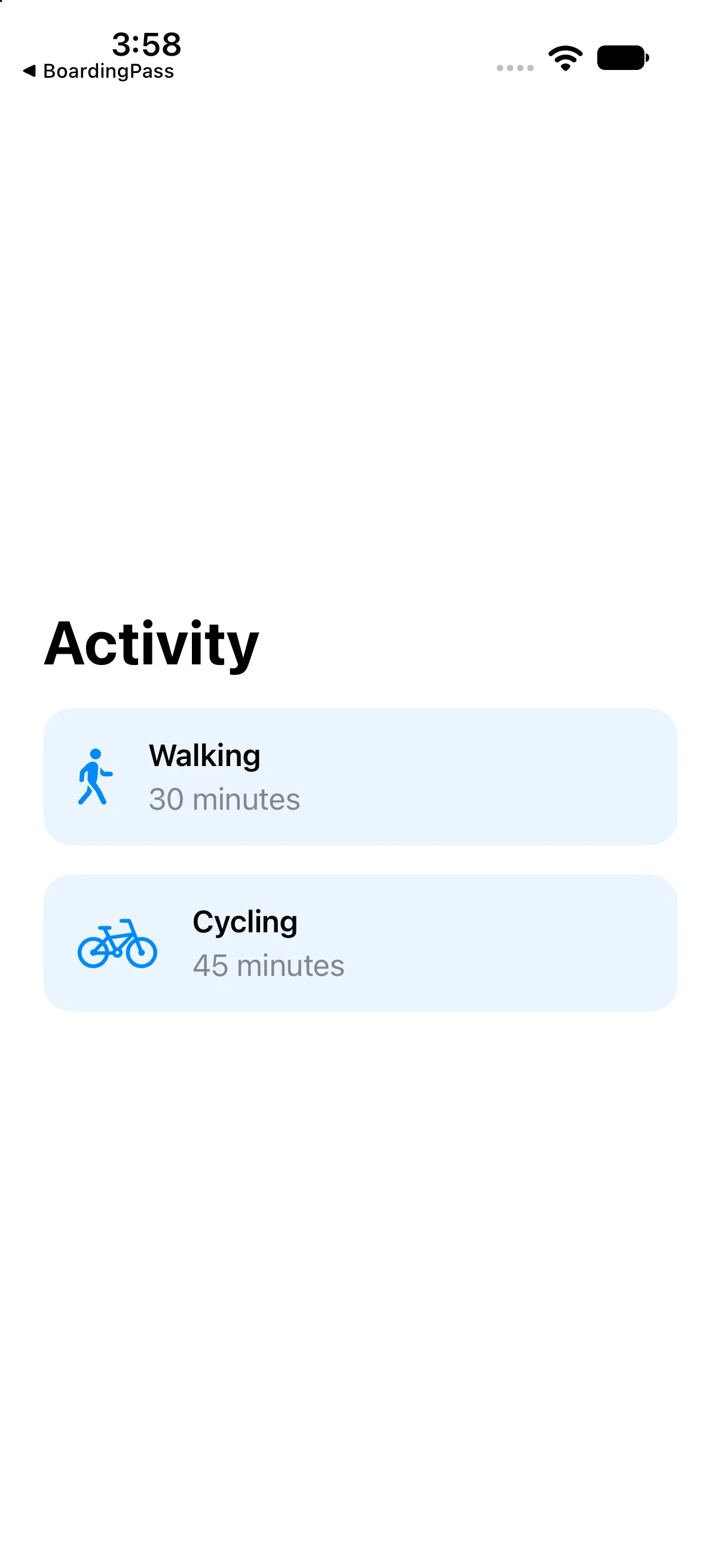 Activity appears above two consistently styled cards: Walking with 30 minutes, and Cycling with 45 minutes, each with its own symbol.