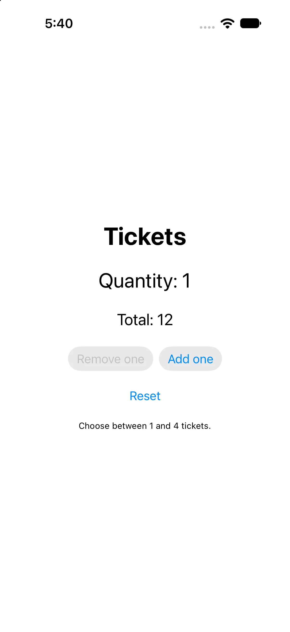 Tickets, Quantity: 1, Total: 12