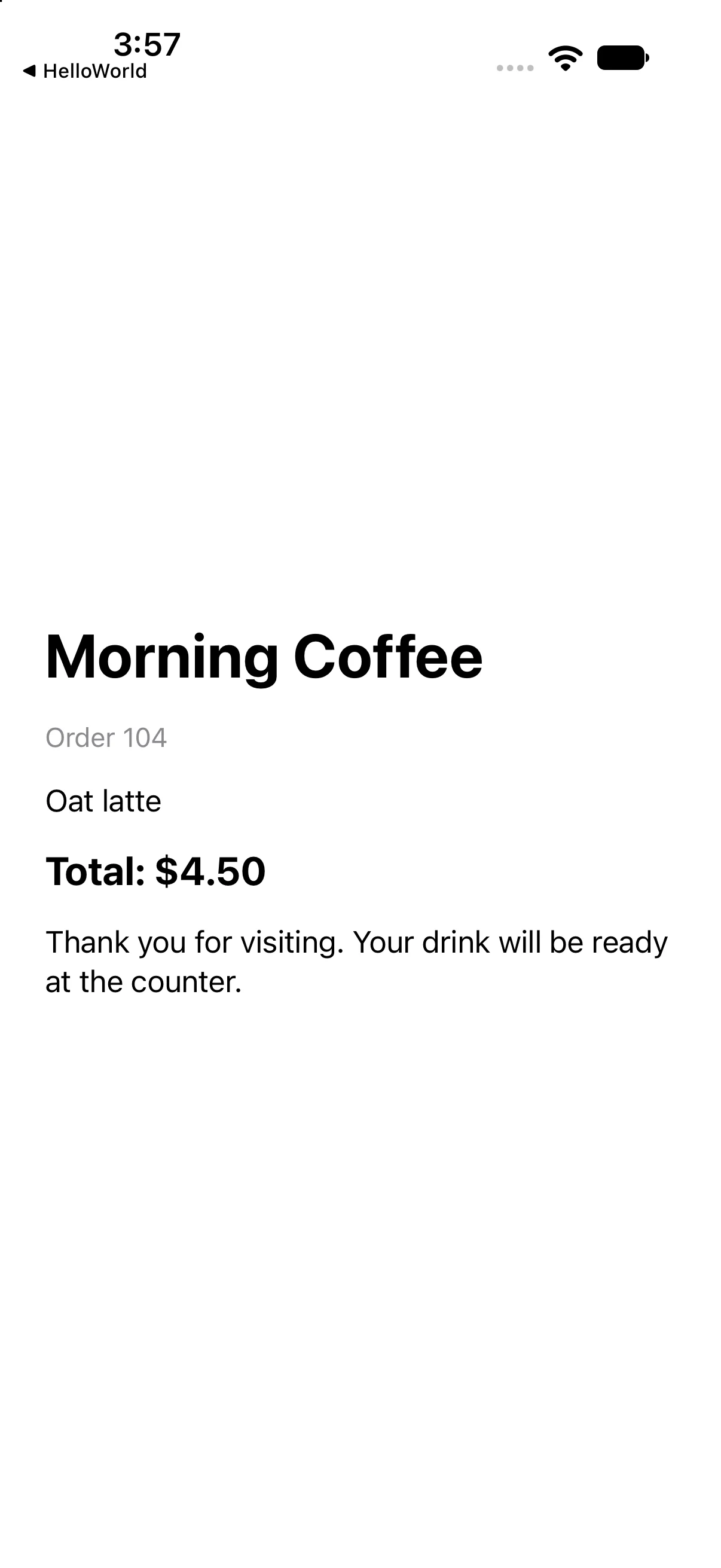 Morning Coffee, Order 104, Oat latte and Total: $4.50 appear with a clear typographic hierarchy.